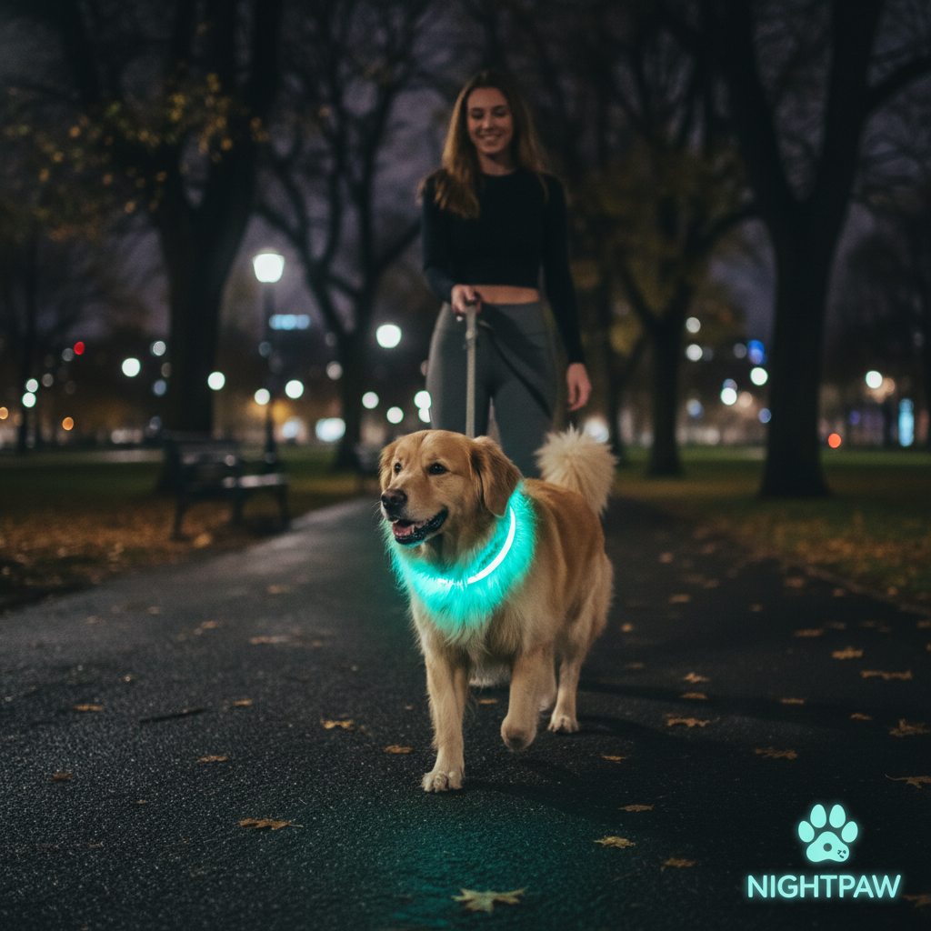 Collar LED luminoso WUFLIO en perro durante paseo nocturno