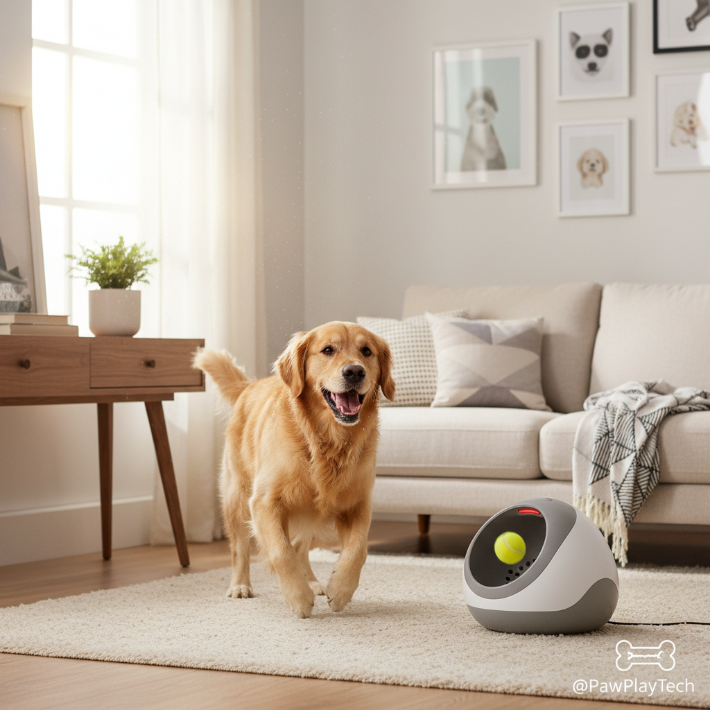 Lanzador automático de pelotas WUFLIO con perro jugando en casa